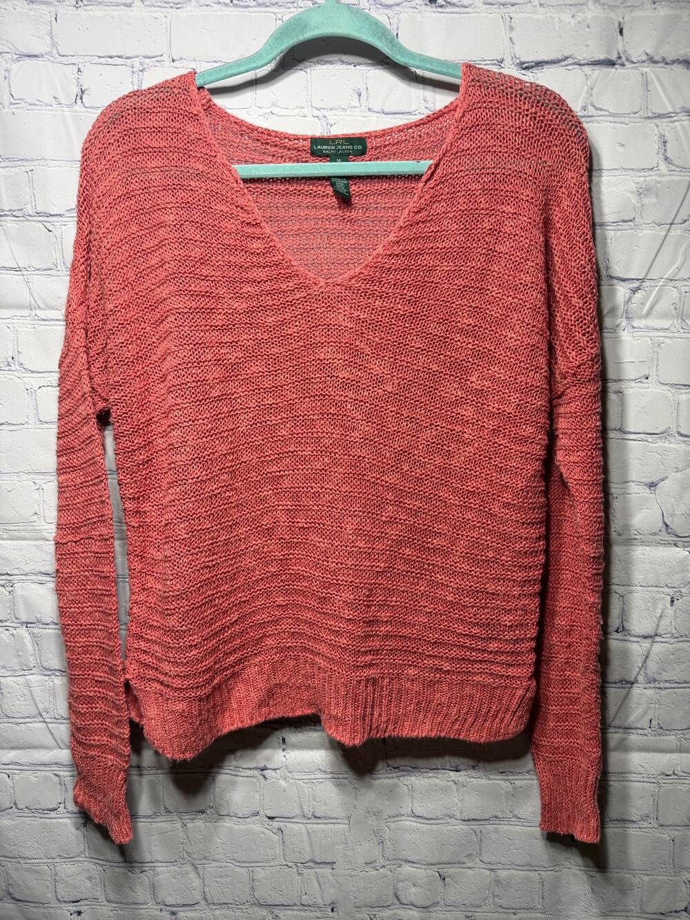 Lauren Ralph Lauren Linen Blend Crochet Scoop Neck Sweater Pink Sz M Coastal